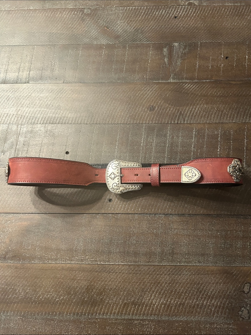 Source Unknown Red Leather Western Belt with Engraved Silver Buckle